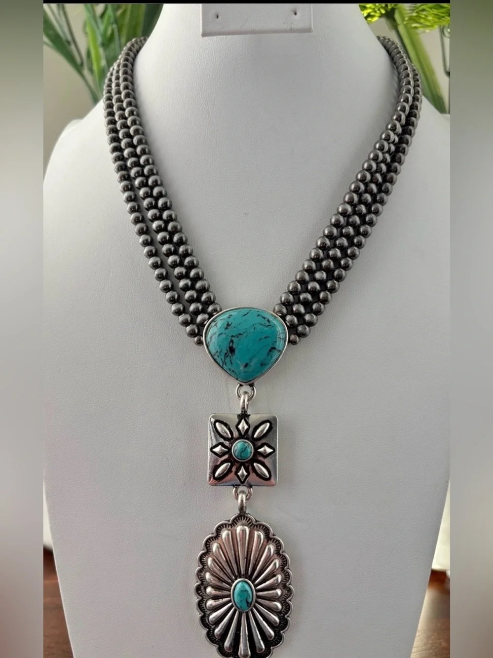 Gunmetal Gray 3 row Beaded Chain,turquoise  stones,oval concho, pendant,Western
